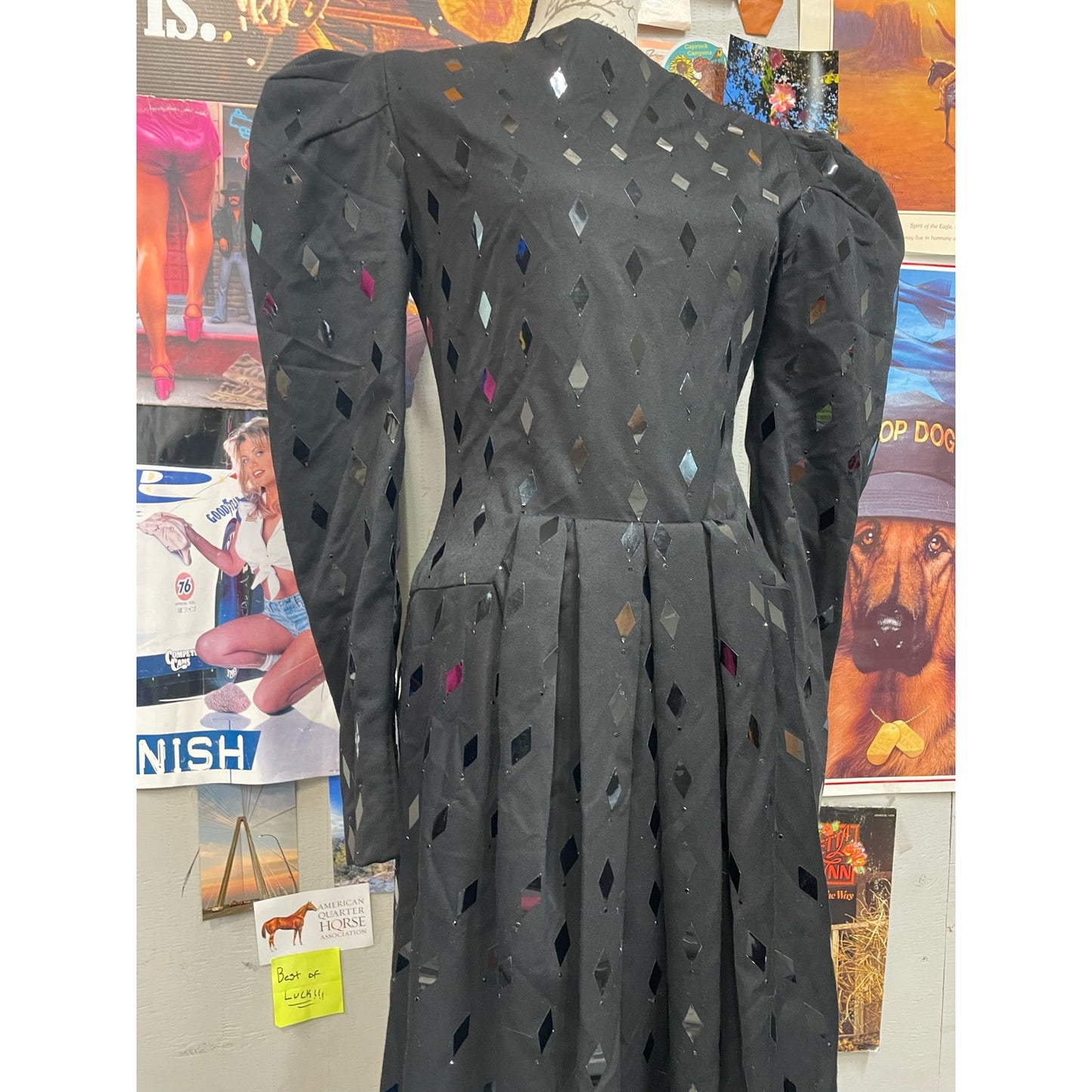 RARE VTG 80s Arnold Scaasi Black Harlequin Mirror Pattern Ballon Sleeve Dress