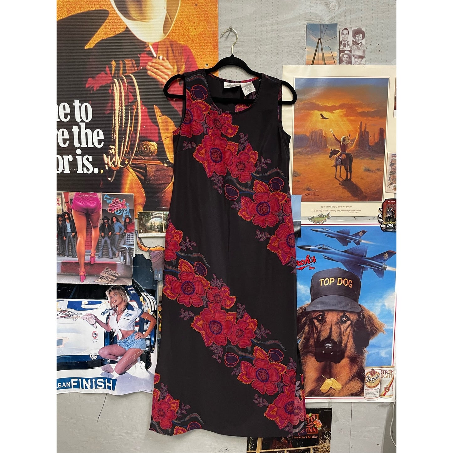 Vintage 90s Floral Maxi Poly Dress with Side Slits - Ties in the back