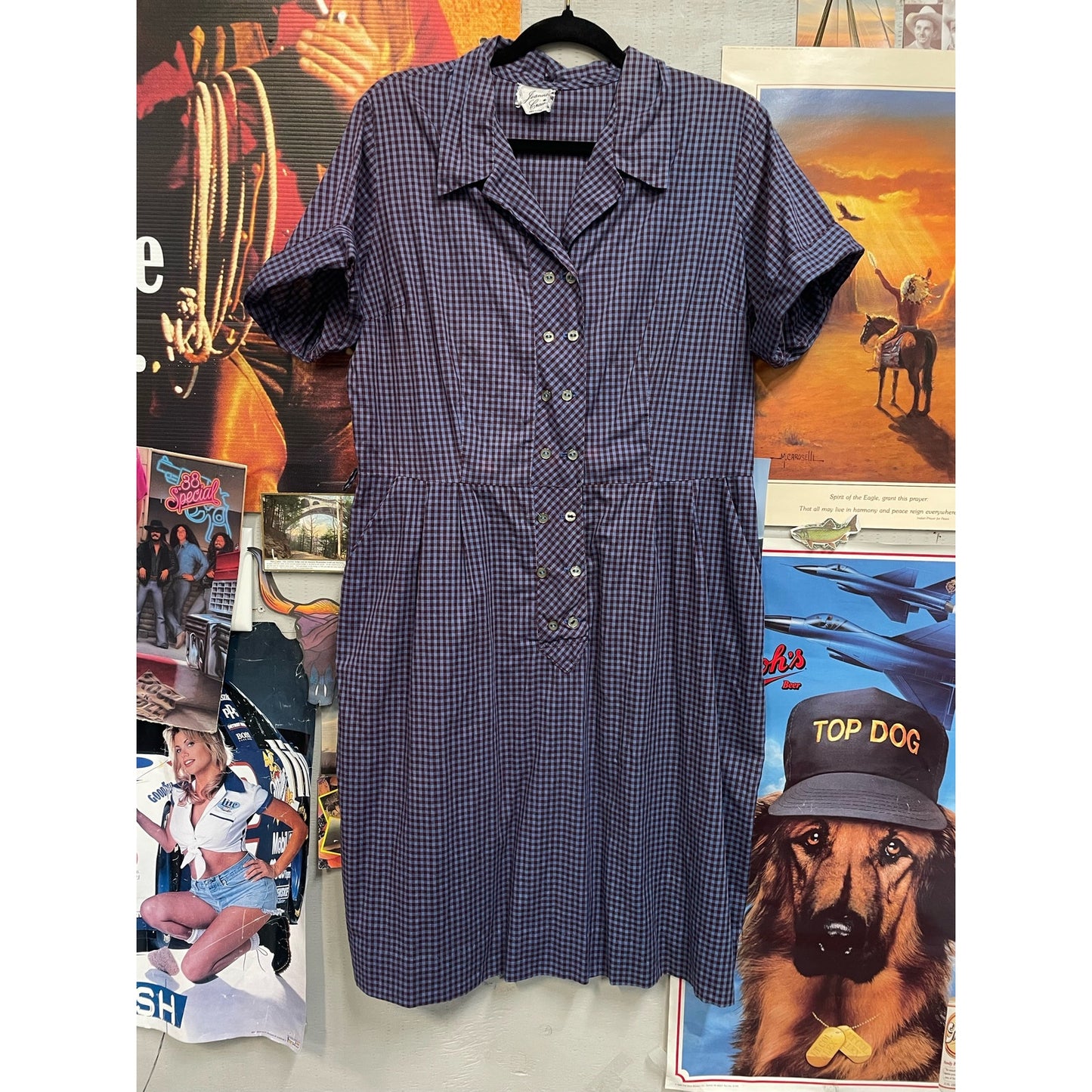 Vintage 50s Shirt & Flare Gingham Blue and Purple Dress